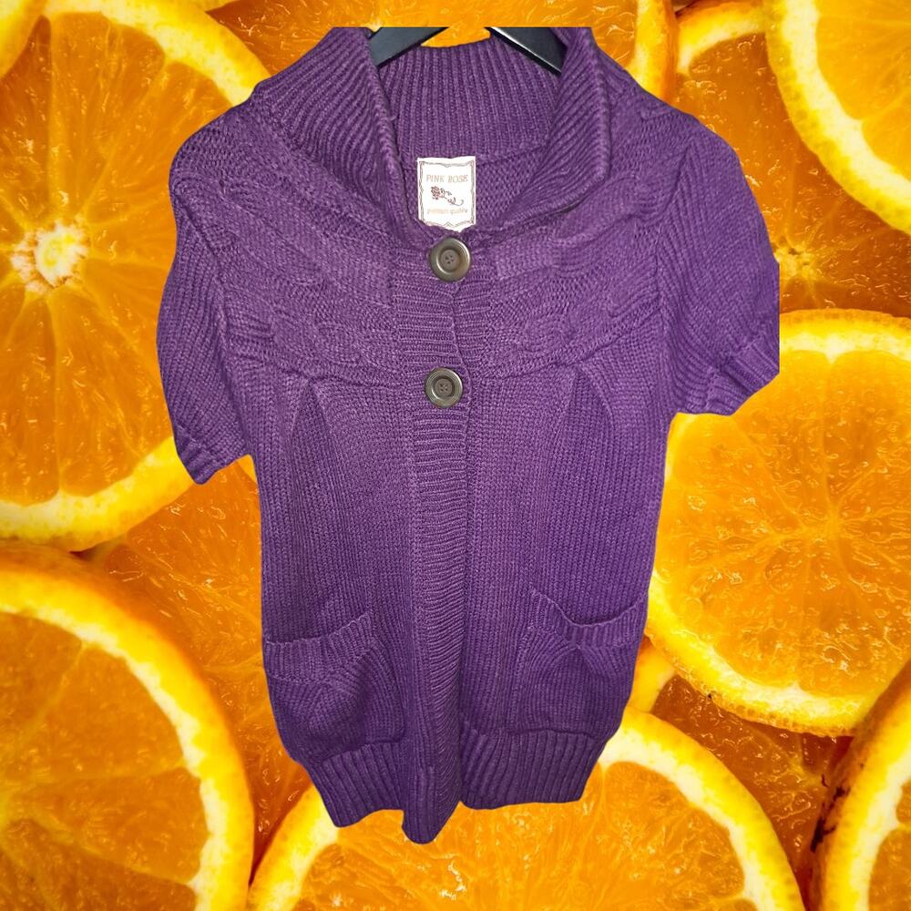 NWT Pink Rose Purple 2 Button Cardigan Short Sleeve Sweater Size Large